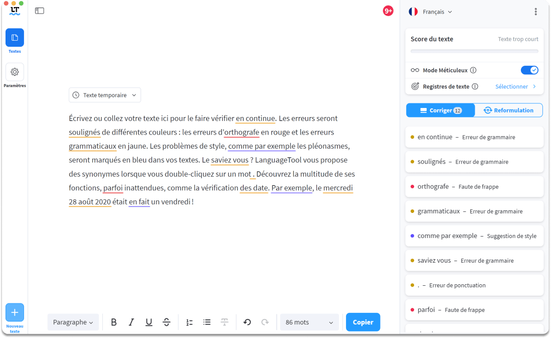 Exemple de corrections d’orthographe, de grammaire, de style et de ponctuation sur l’Éditeur LanguageTool