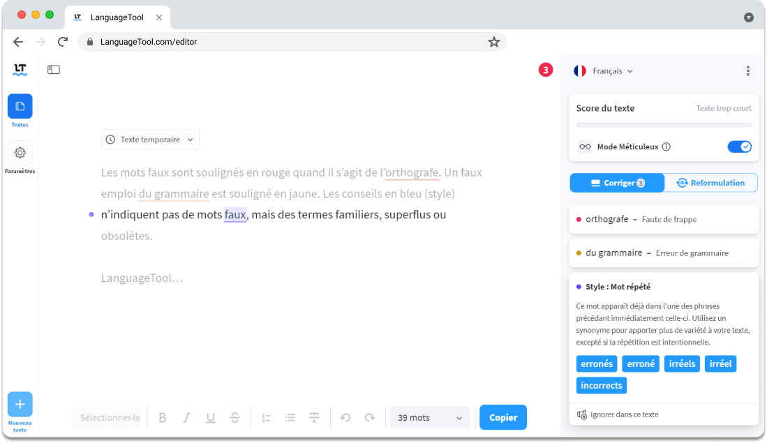 Visualisation des erreurs du correcteur orthographique LanguageTool dans l’Éditeur.