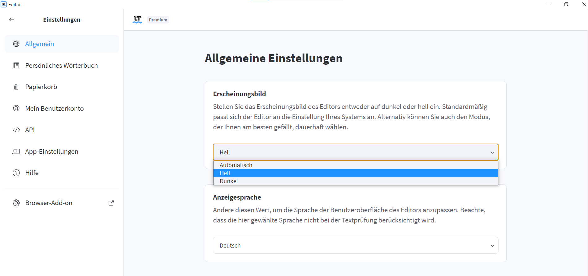 Wenn Sie auf die Einstellungen Ihres LT-Editors klicken, können Sie zwischen einem hellen Farbschema und dem Dark Mode wählen.