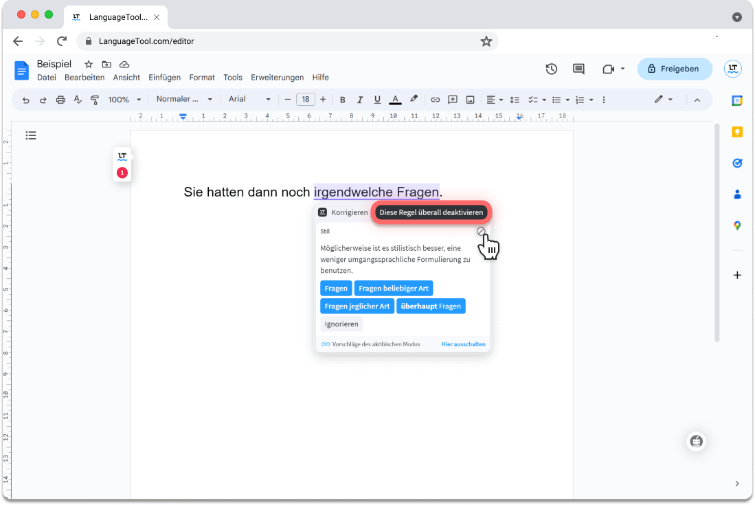 Screenshot 3: In der Browser-Extension von LanguageTool lassen sich Einzelvorschläge jeweils dauerhaft ausschalten.