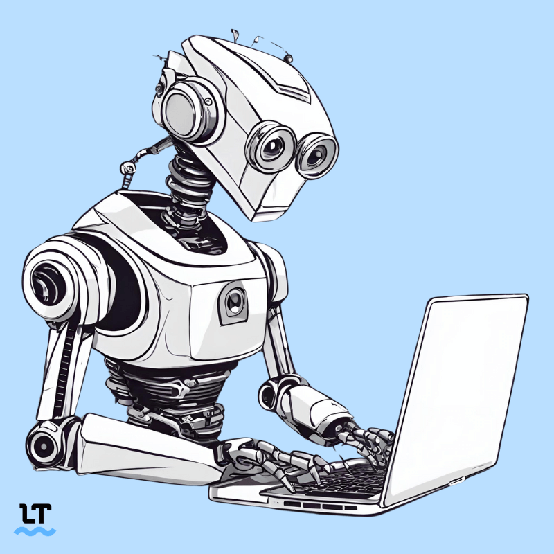 Illustration shows a robot typing on a computer. 