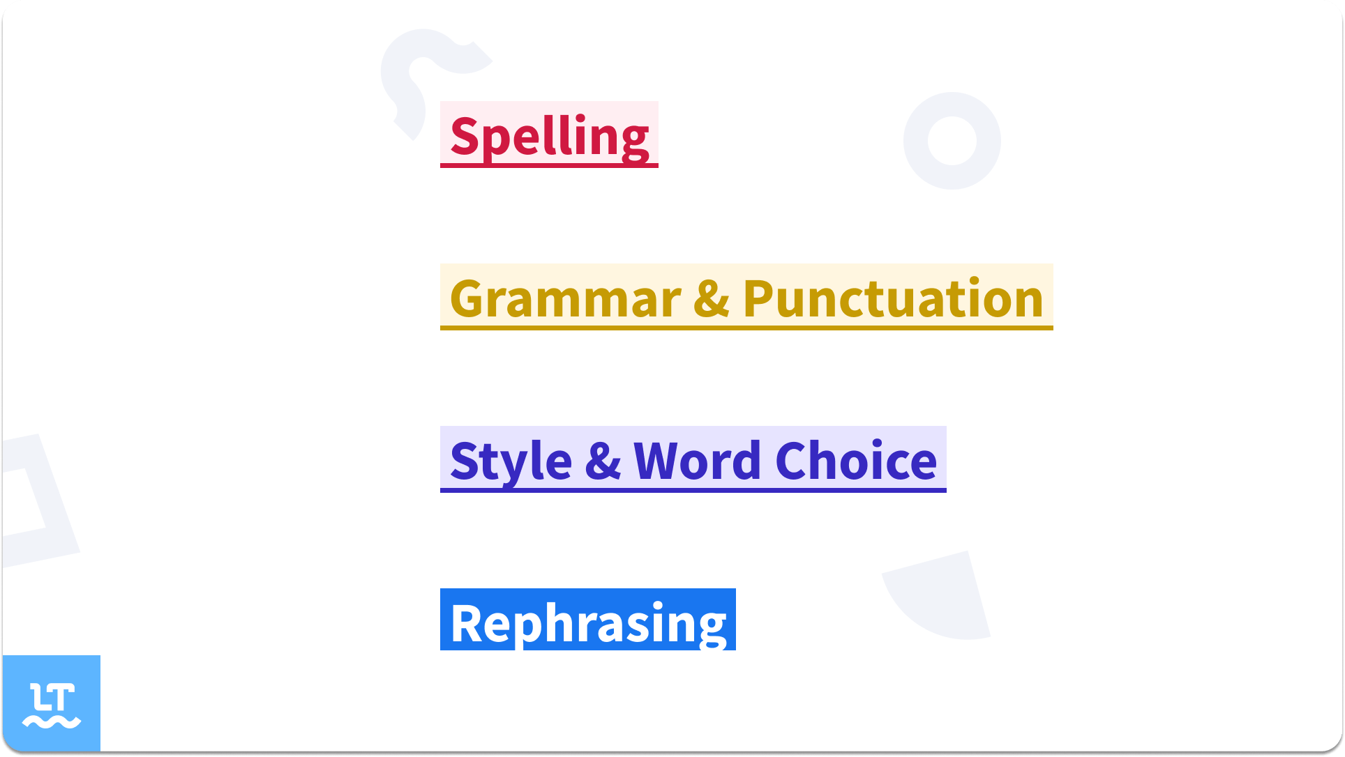 LanguageTool color scheme: red for spelling errors, yellow/orange for grammar and punctuation, purple for style and word choice, and blue for paraphrasing suggestions. 