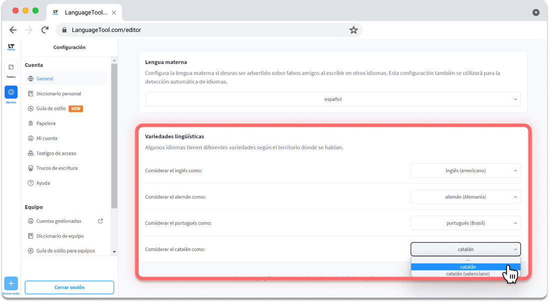 Último paso para cambiar idioma con LanguageTool.