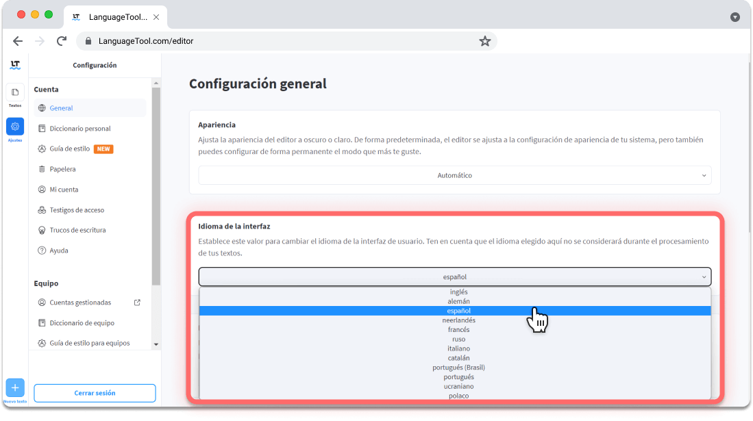 Tercer paso para seleccionar idioma con LanguageTool.