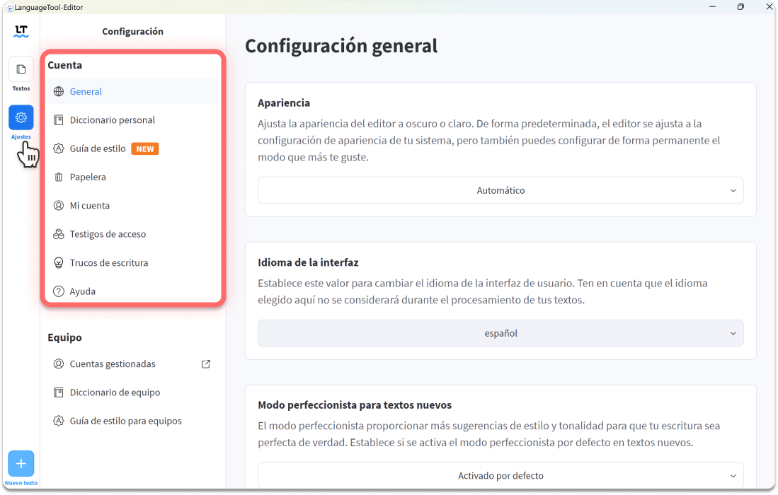 Configuración de tu cuenta personal de LanguageTool.