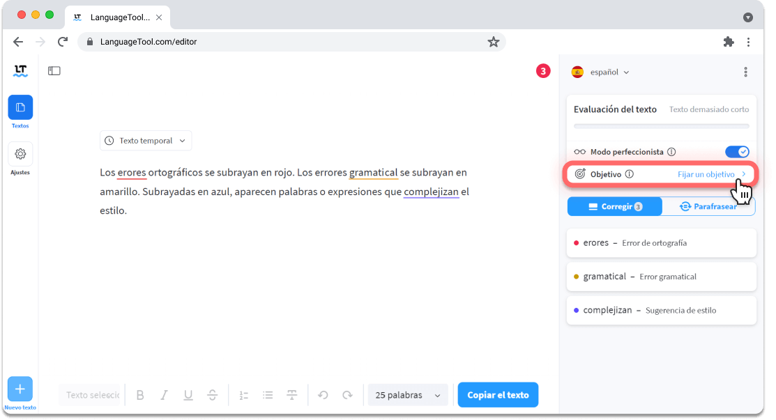 Seleccionar un objetivo de escritua en LanguageTool.