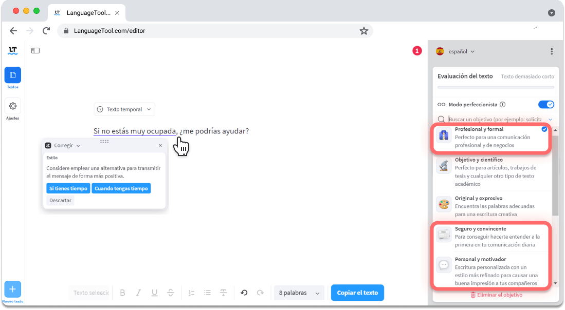 Correcciones y sugerencias de estilo según el tipo de objetivo de escritura que selecciones.