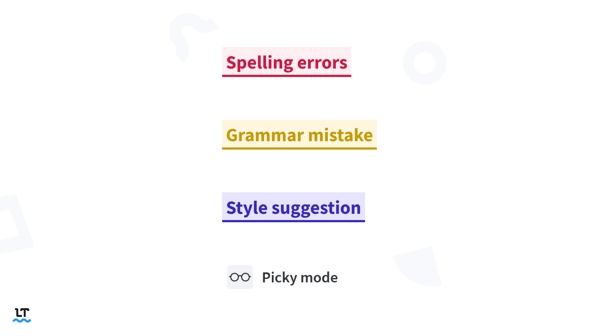 Spelling errors in red, grammar mistakes in yellow, and style suggestions in blue