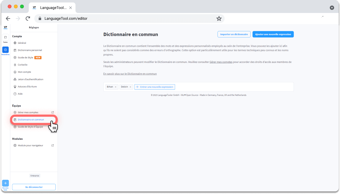 Paramètres du compte Équipe sur le correcteur automatique LanguageTool