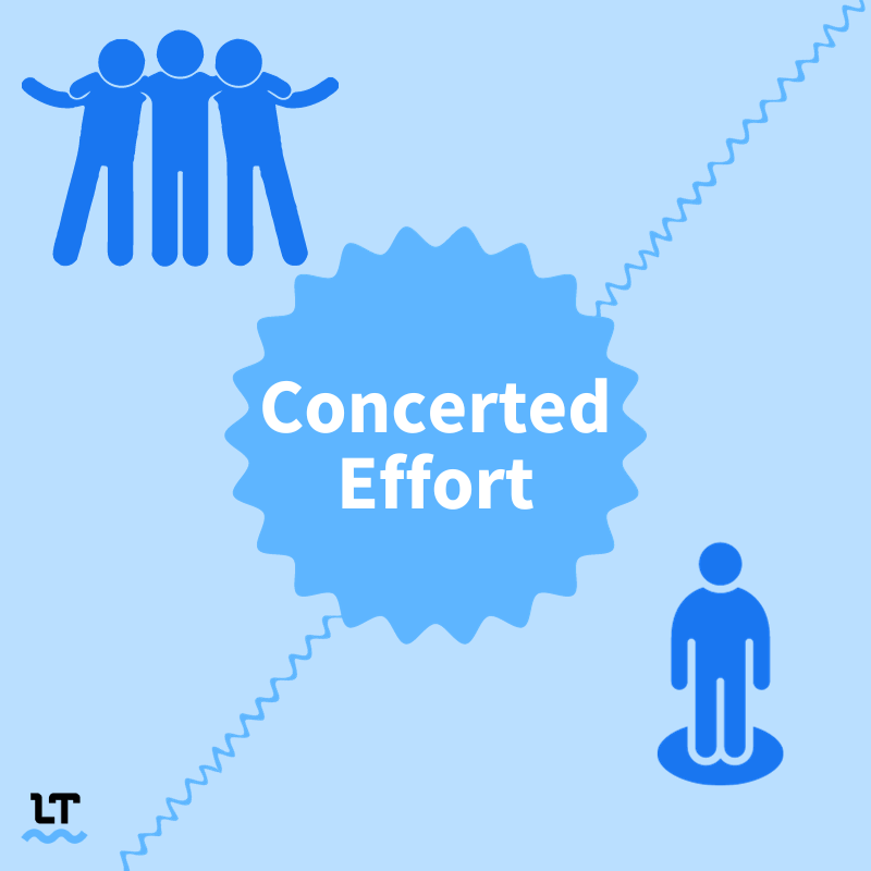 Illustration shows a split graphic, with one side showing a solo person, and the other a group of people, and text in the middle that reads "Concerted effort."