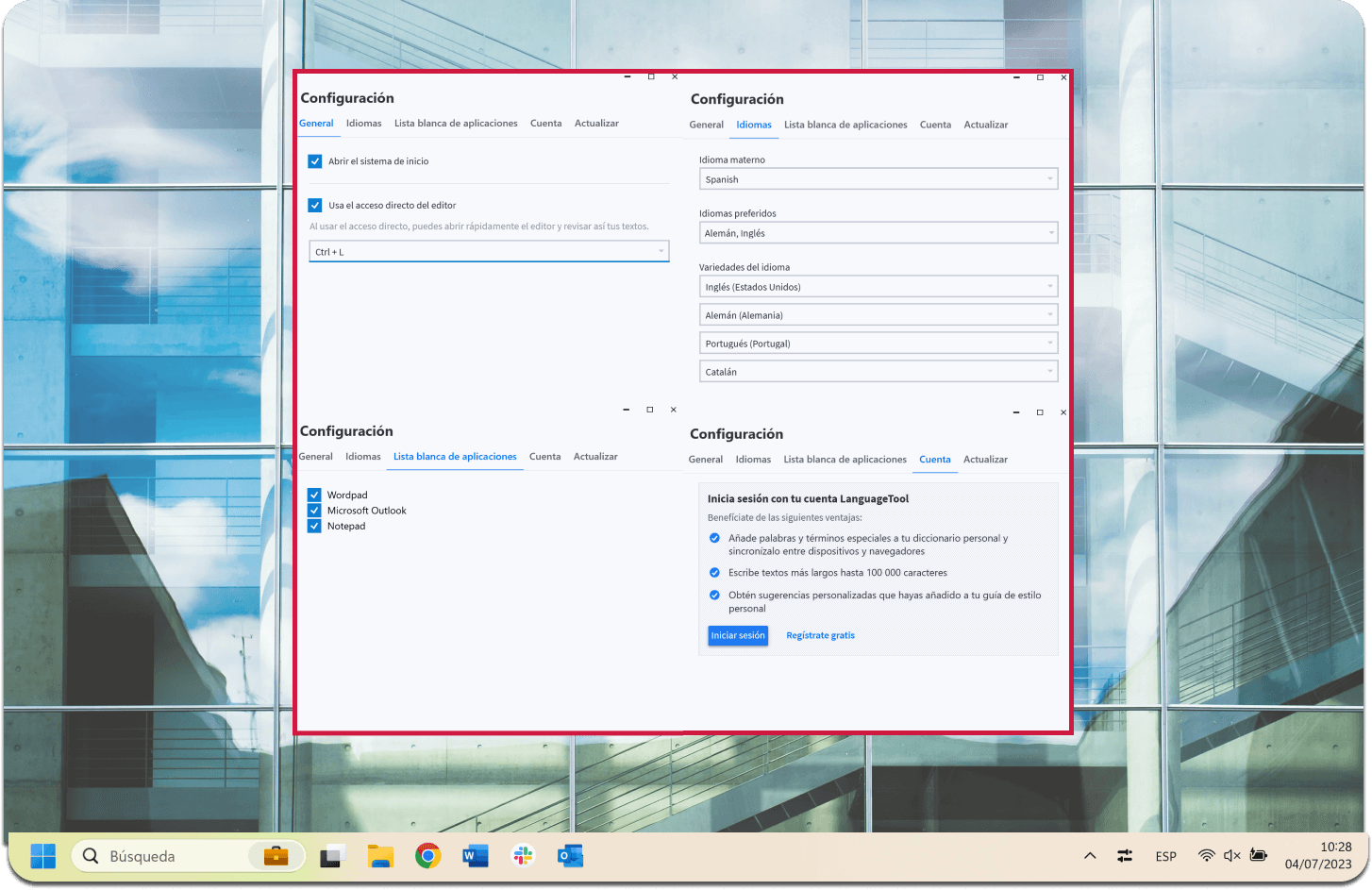 Ajustes de la aplicación para Windows de LanguageTool.