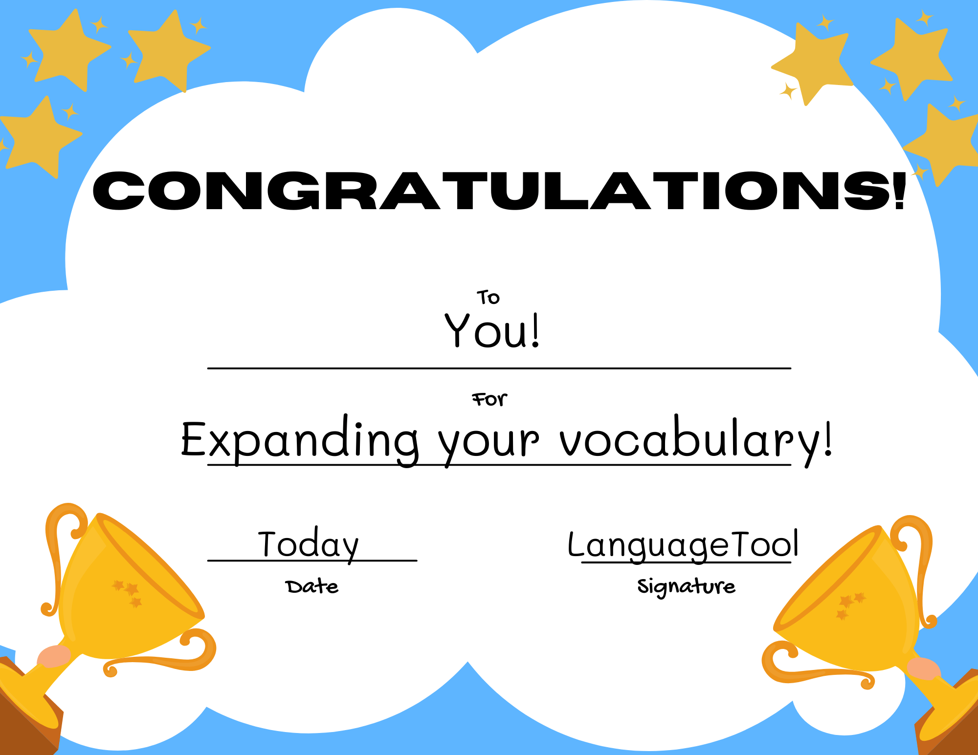 Graphic shows congratulations certificate that reads "Congratulations to you for expanding your vocabulary!"