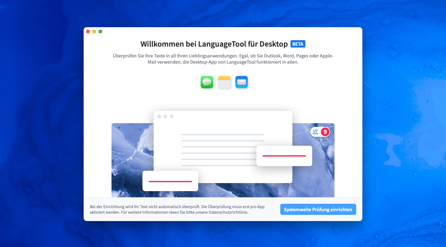 Begrüßungsfenster nach dem Herunterladen der Mac-App. Rechts unten finden Sie den Button »Systemweite Prüfung einrichten«. 