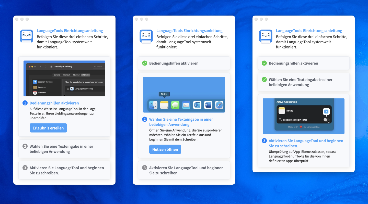 Die Schritt-für-Schritt-Anleitung begleitet Sie durch die Installation sowie das Setzen der Einstellungen Ihrer Mac-App von LanguageTool. 