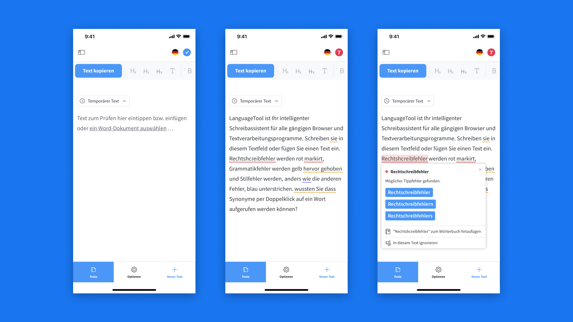 Screenshots 7-9: Der Text-Editor von LanguageTool ist in der mobilen App enthalten und markiert im Textfeld alle zu verbessernden Stellen. 