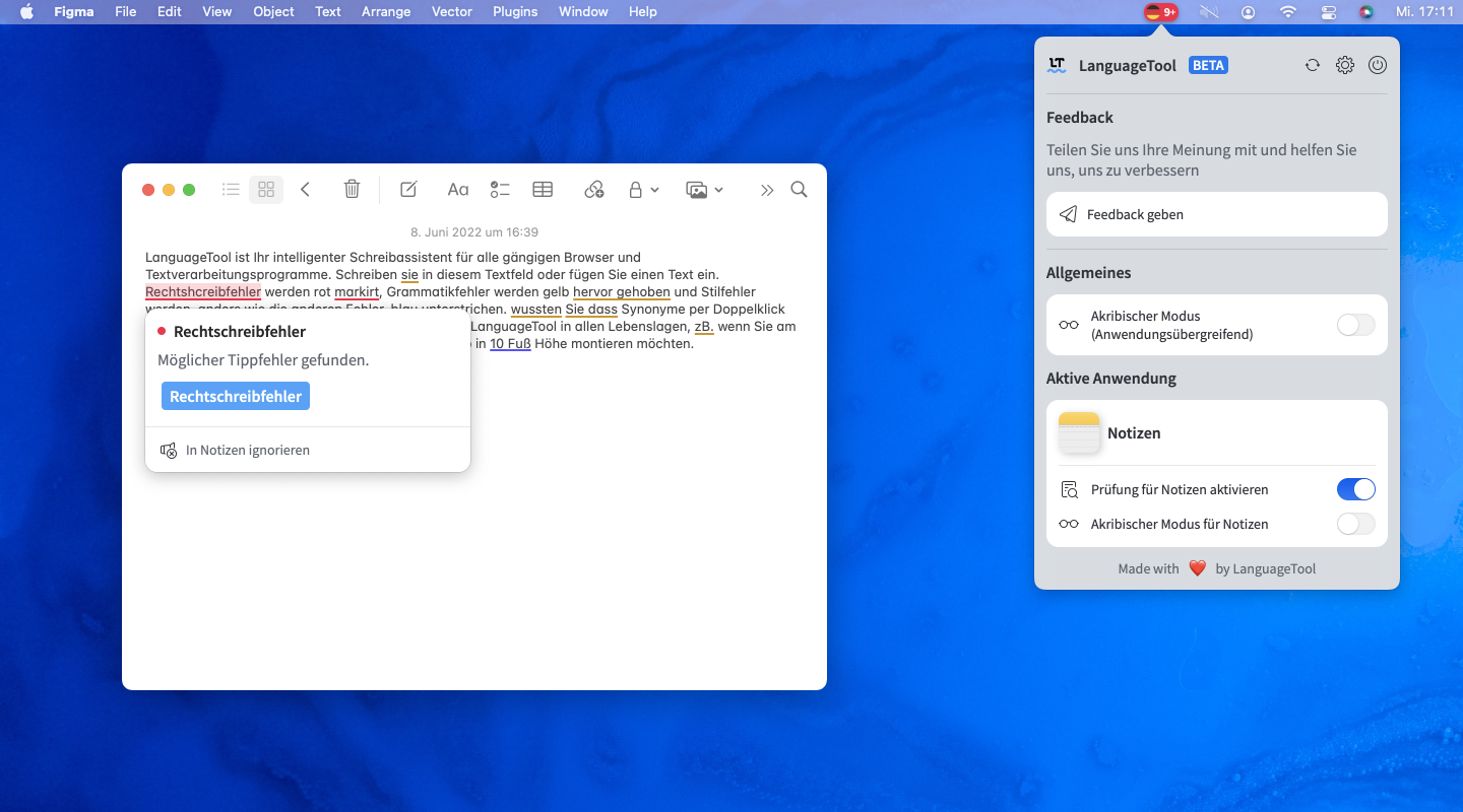 In einem Fenster von Notes sehen Sie die Fehleranzeige von LanguageTool. Oben in der Menüleiste finden Sie die Fehlerzahl sowie Einstellungen, der Sprache etwa.