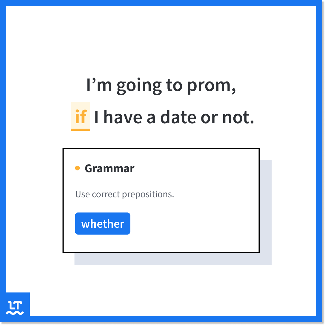 Screenshot shows LanguageTool correcting "if" to "whether" in the following sentence: I'm going to prom, if I have a date or not. 