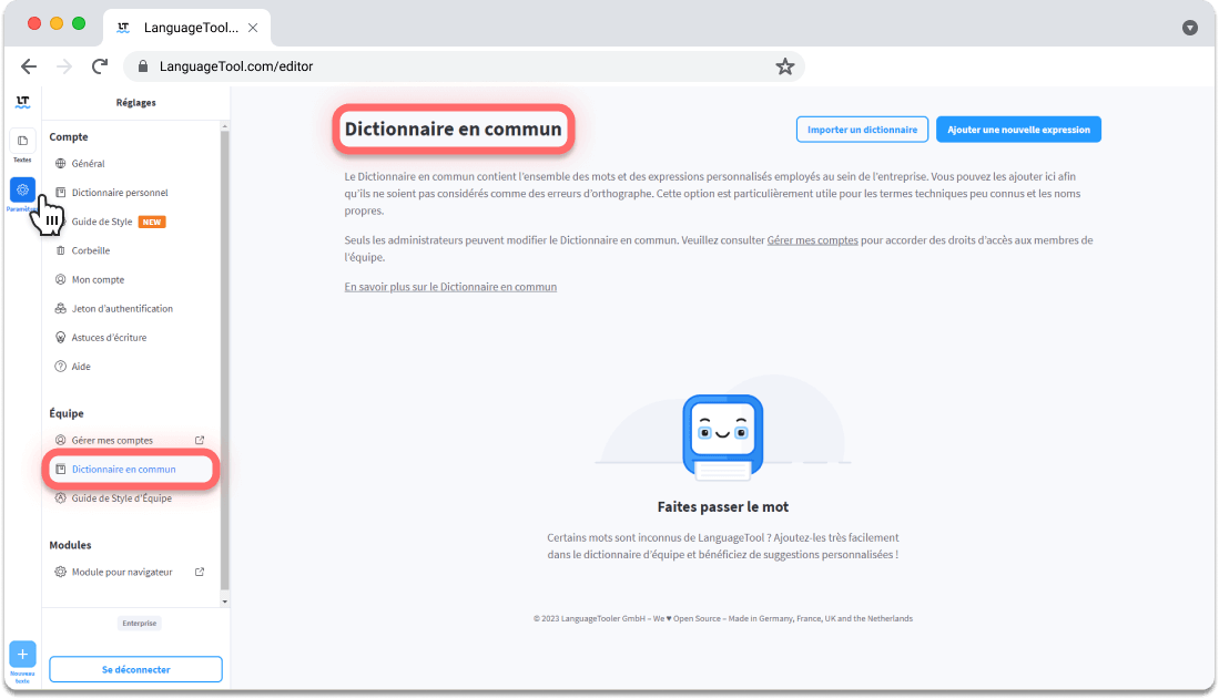 Réglages et paramètres du Dictionnaire en commun sur LanguageTool.