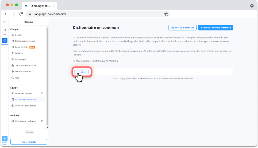 Ajout et modification de la terminologie dans le Dictionnaire en commun LanguageTool.