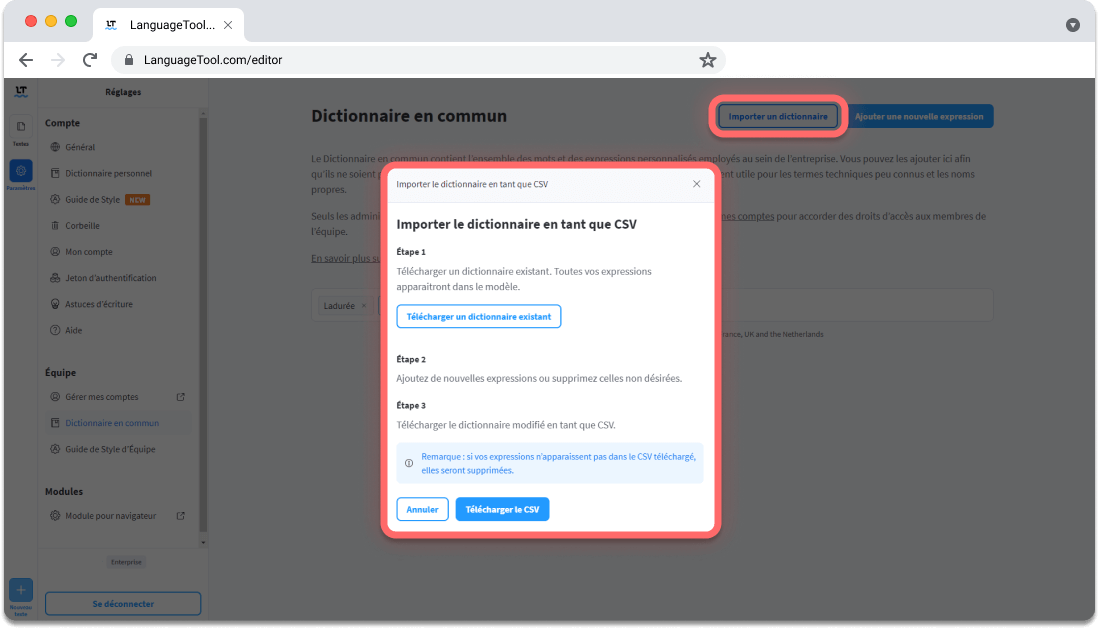 Ajout des termes dans le Dictionnaire en commun LanguageTool grâce à un fichier CSV.