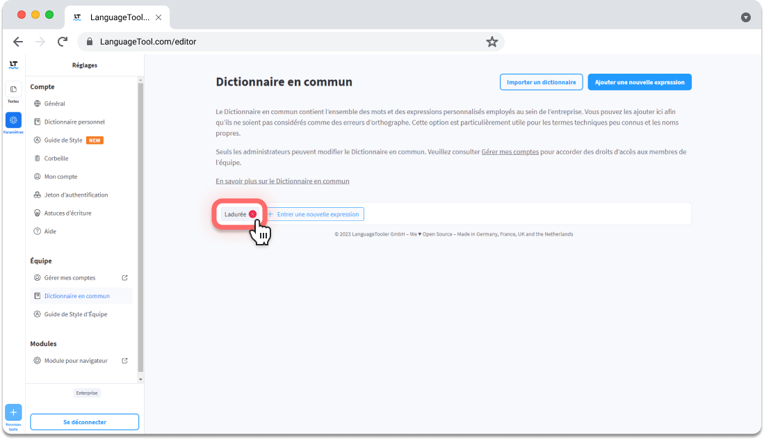 Supprimer des mots dans le Dictionnaire en commun du correcteur LanguageTool