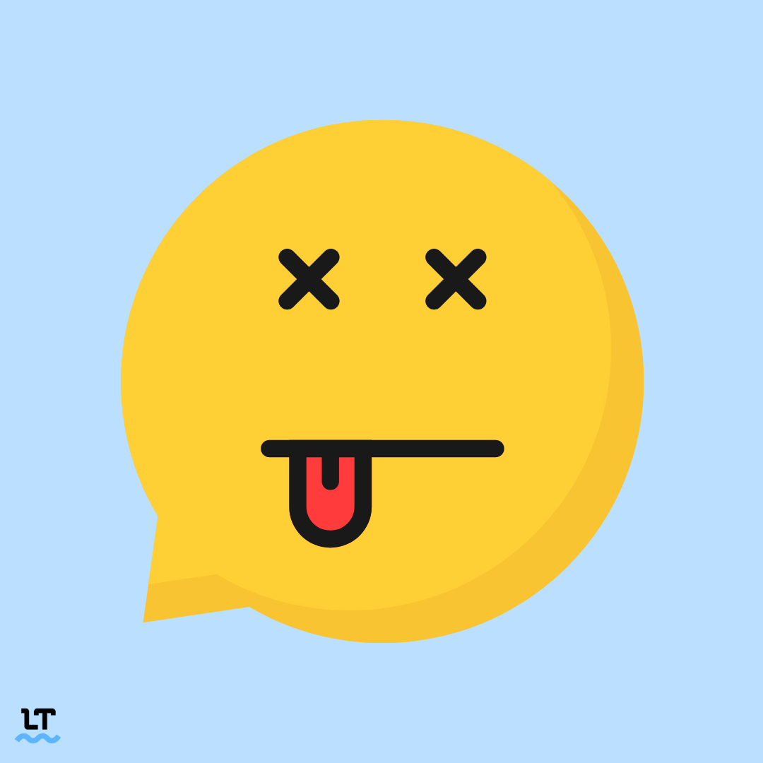 Emoji-like graphic depicts a "dead" emoji with crossed out eyes and tongue hanging from mouth. 