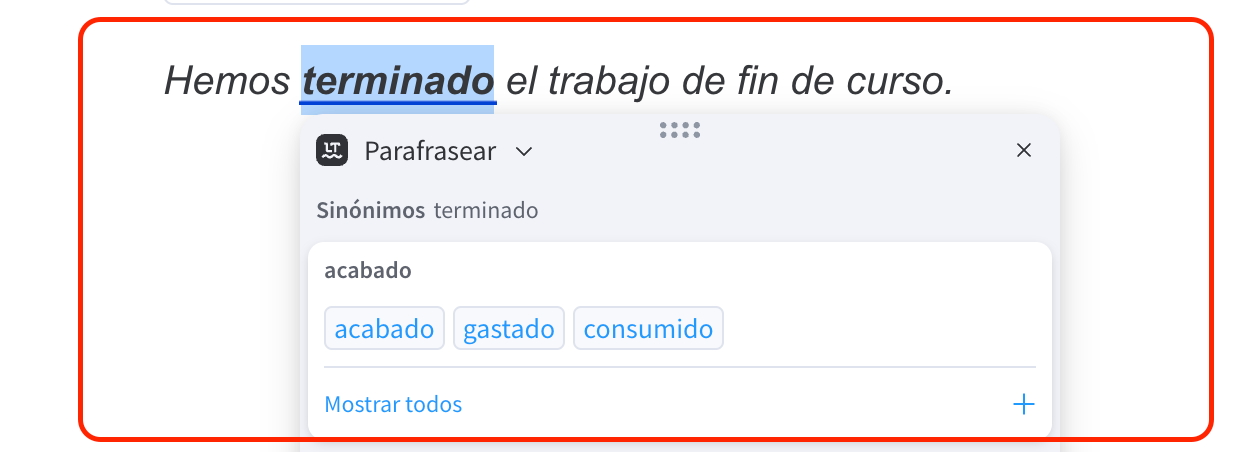 Ejemplos de sinónimos que LanguageTool te ofrece en su tesauro.