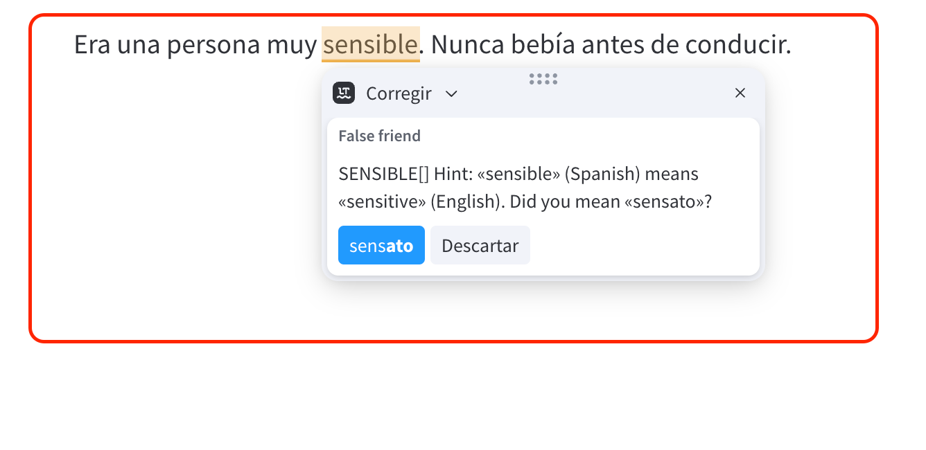 Corregir falsos amigos del inglés y el español con LanguageTool.