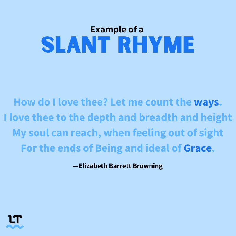 Graphic shows example of a slant rhyme: How Do I Love Thee by Elizabeth Barrett Browning.