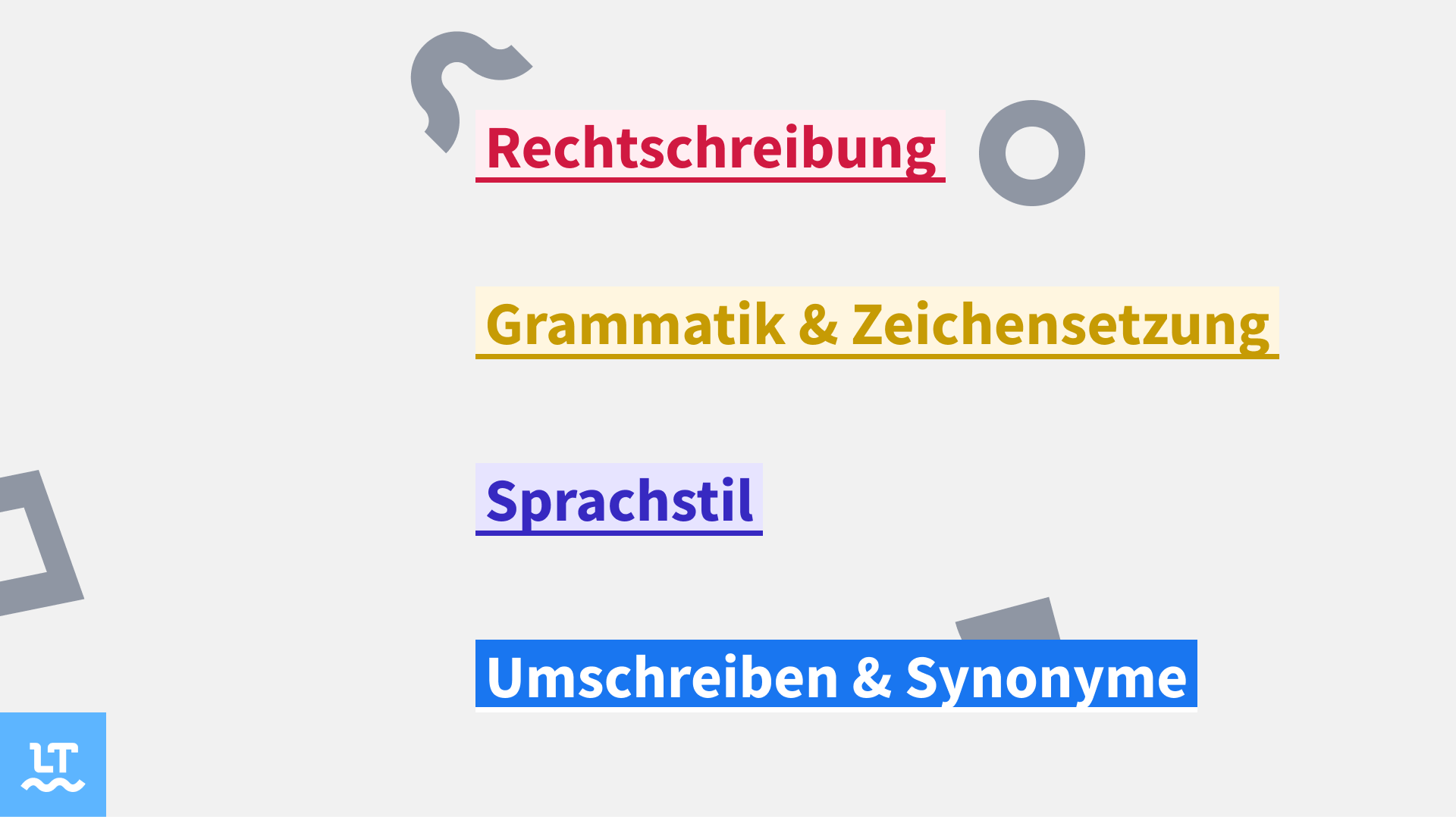 Farbschema bei LanguageTool: Rot für Rechtschreibung, gelb für Grammatik und blau für Sprachstil