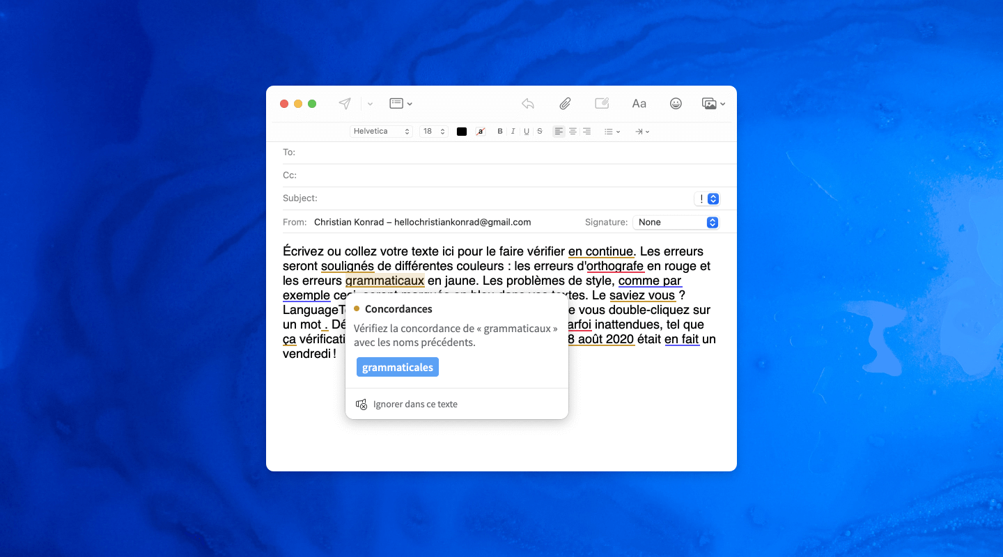 Capture d’écran de l’Éditeur LanguageTool et exemples d’erreurs soulignées par le correcteur automatique.