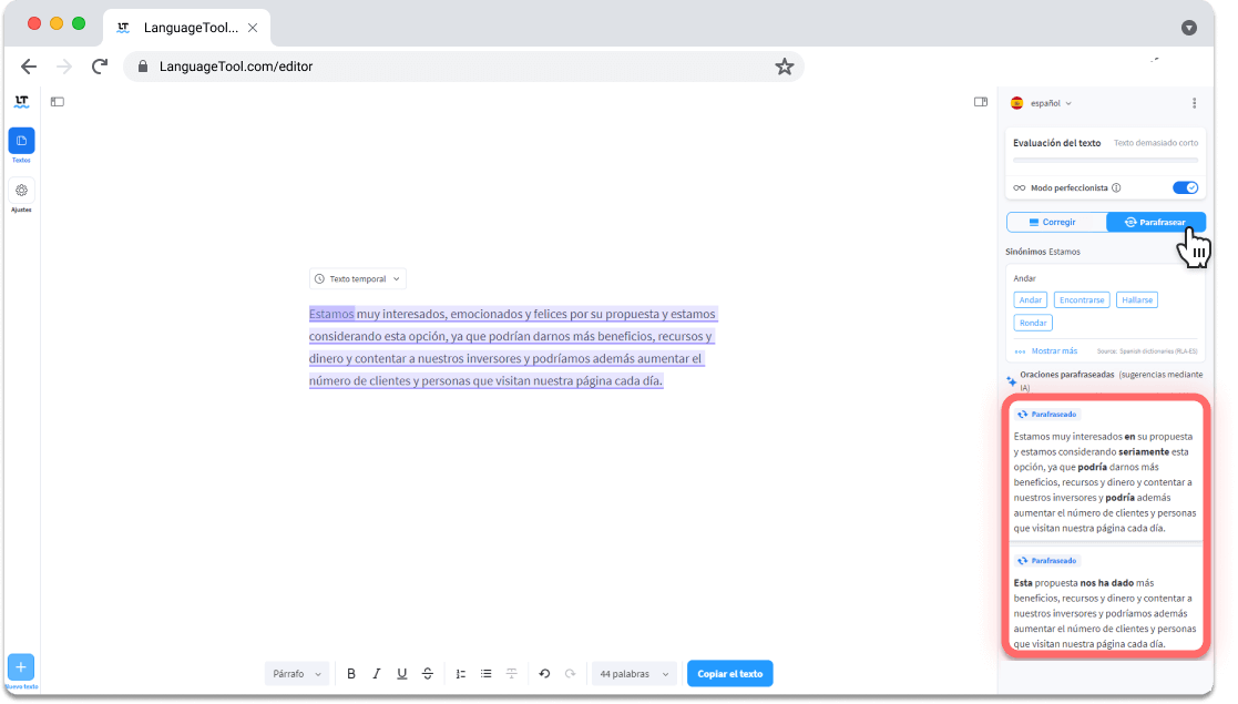 Cambiar palabras de un texto para mejorarlo con LanguageTool.