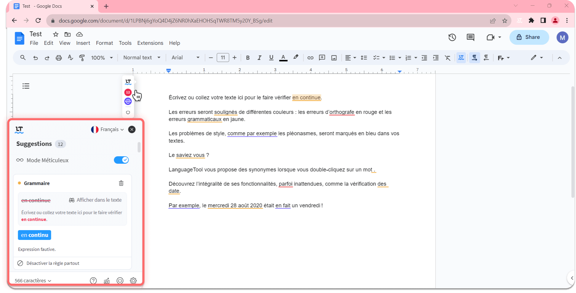 affichage des erreurs par le correcteur languagetool dans google docs