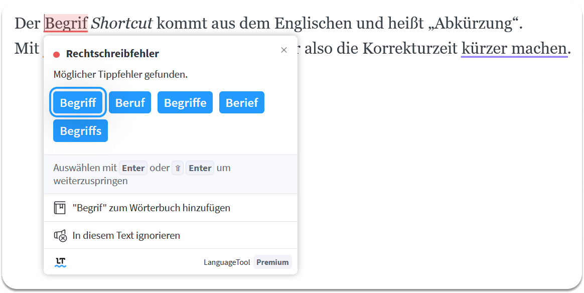 Screenshot 2: Fehleranzeige von Rechtschreibfehler mit neuer Funktion