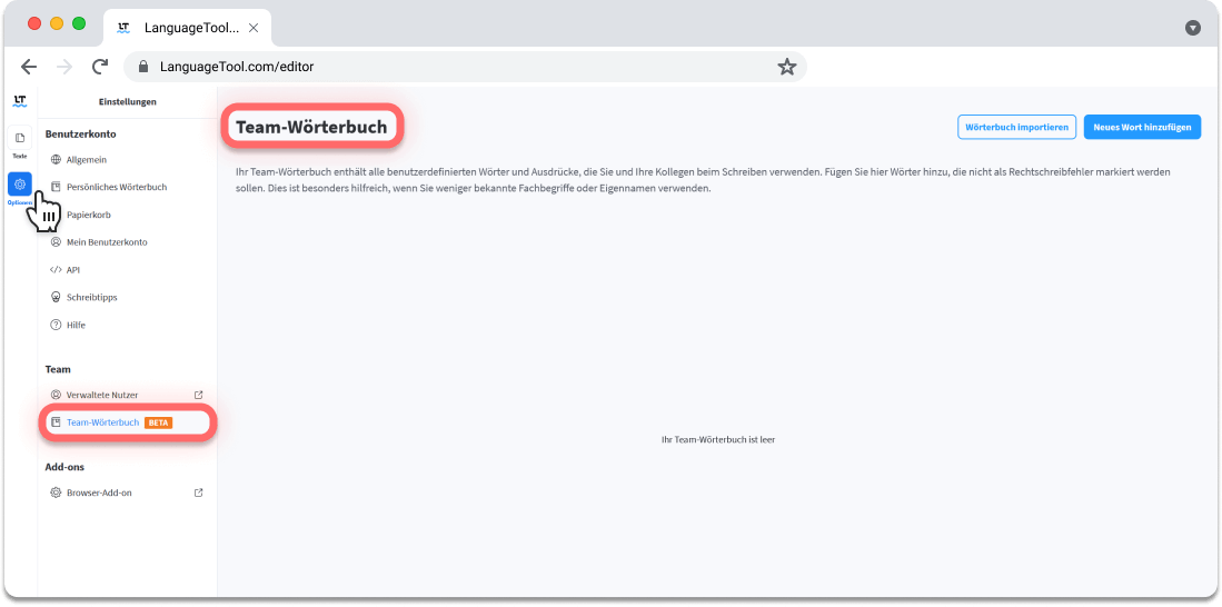 Das Team-Wörterbuch finden Sie in den „Optionen“ Ihres LanguageTool-Editors.