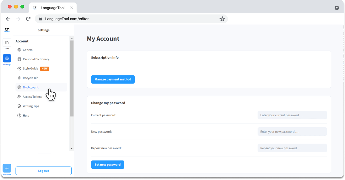 Subscription settings in "My Account" like passwort and email address