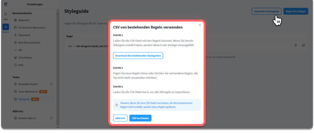 Importieren Sie direkt mehrere Regeln auf einmal, durch eine CSV-Datei. 