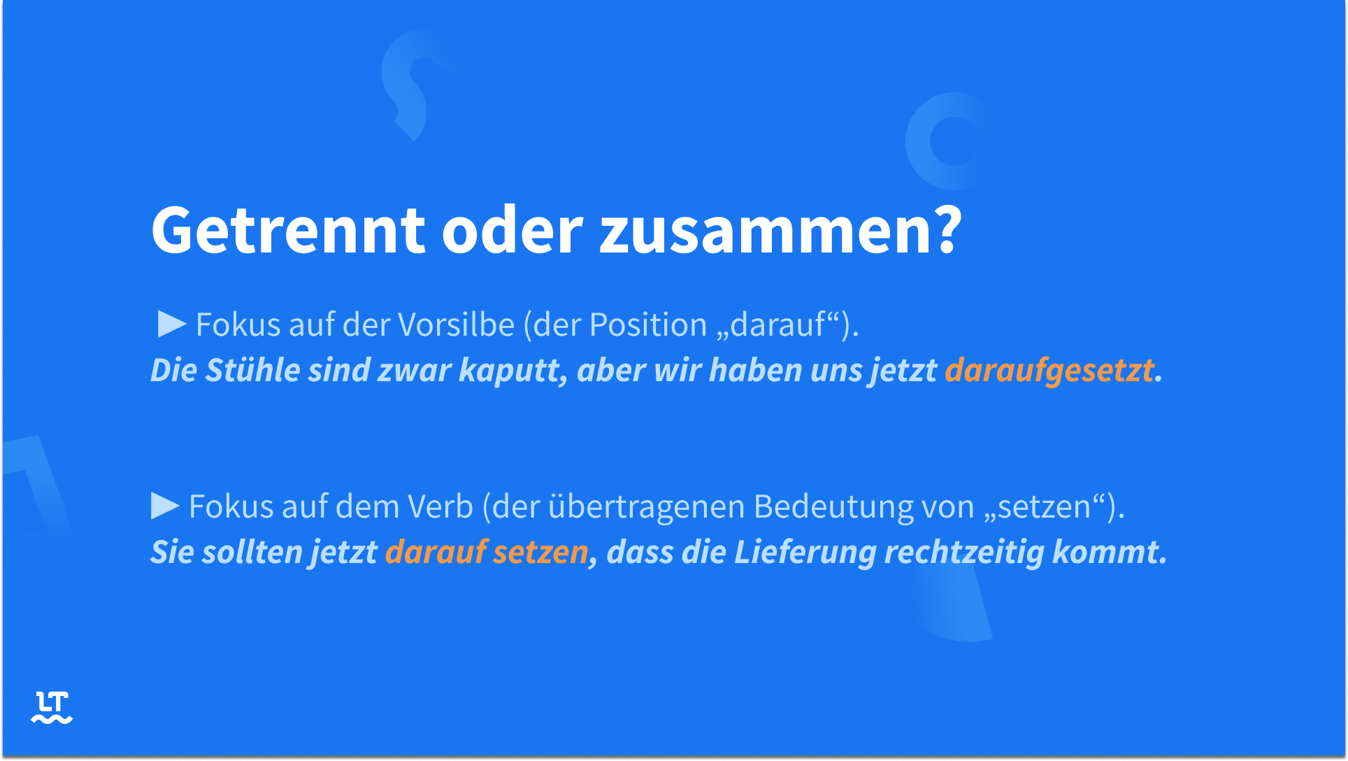 Getrennt oder zusammen? Zusammen: Fokus auf der Vorsilbe. Zusammen Fokus auf dem Verb, meist mit übertragener Bedeutung