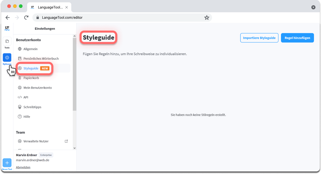 Screenshot 1: Gehen Sie in Ihre Einstellungen und suchen nach dem Styleguide.