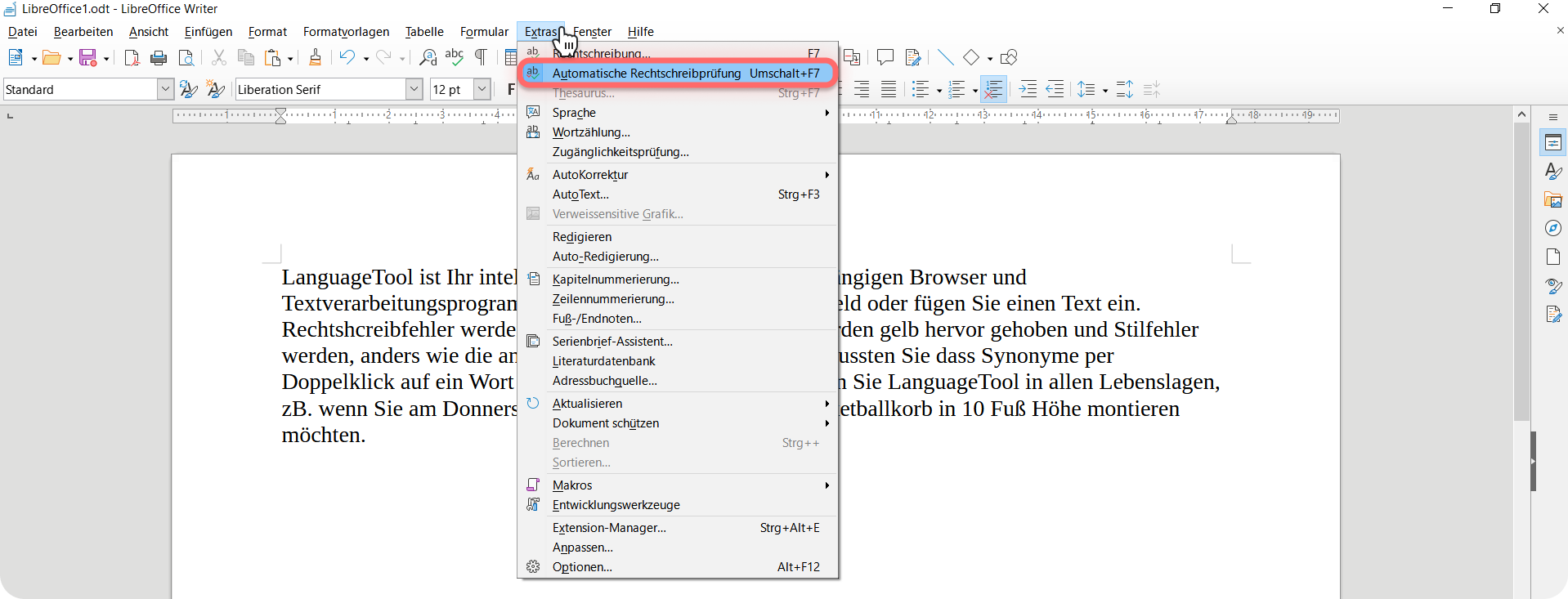 Screenshot 7: Für LanguageTool muss auf LibreOffice die automatische Rechtschreibprüfung aktiviert sein. 