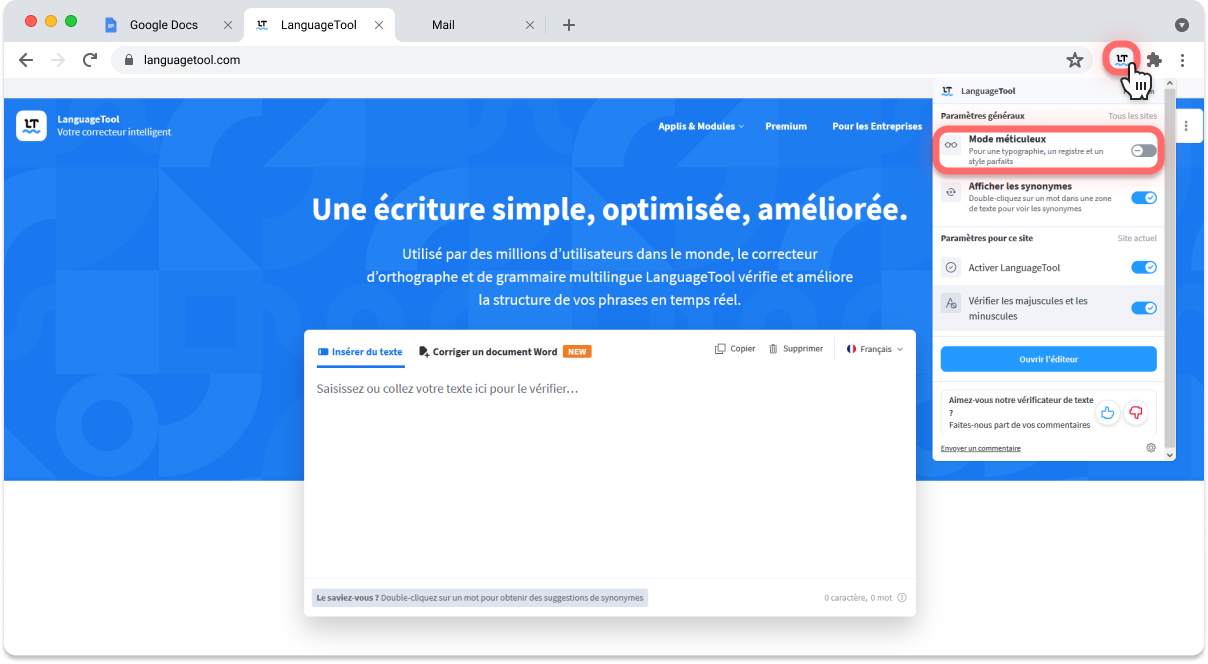 Page d’accueil du site LanguageTool et présentation de l’onglet Mode Méticuleux.