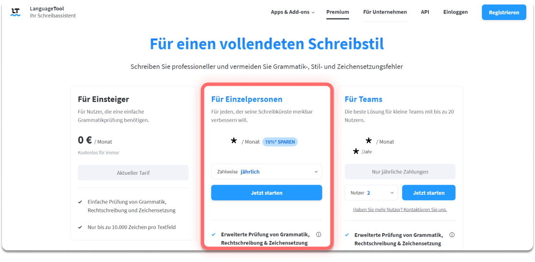 LanguageTool Premium: Kosten im Vergleich zur kostenfreien Version und zum Teamaccount