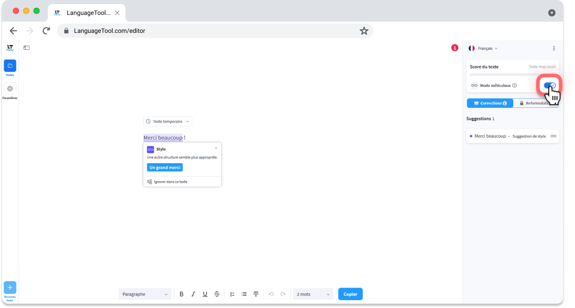 Capture d'écran avec exemple de phrase avec Mode Méticuleux.