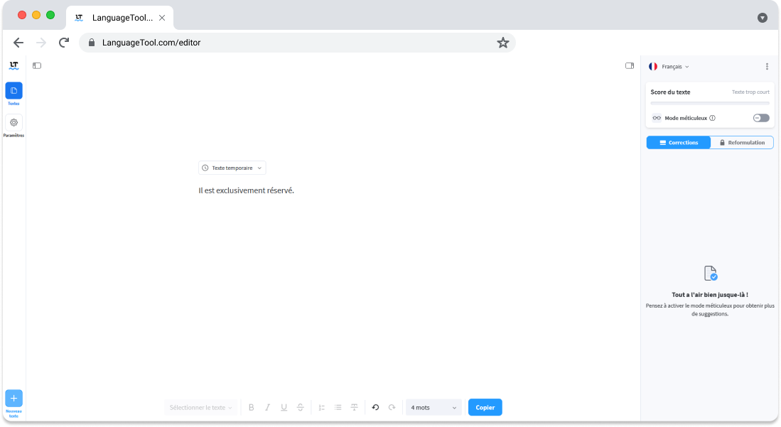 Exemple de phrase française sans Mode Méticuleux sur LanguageTool.