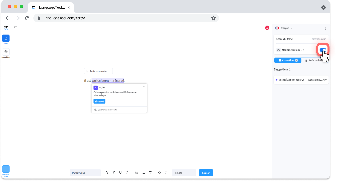 Exemple de phrase française avec Mode Méticuleux sur LanguageTool.