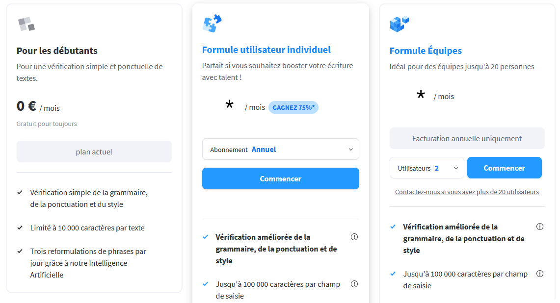 Capture d’écran des tarifs actuels de LanguageTool.