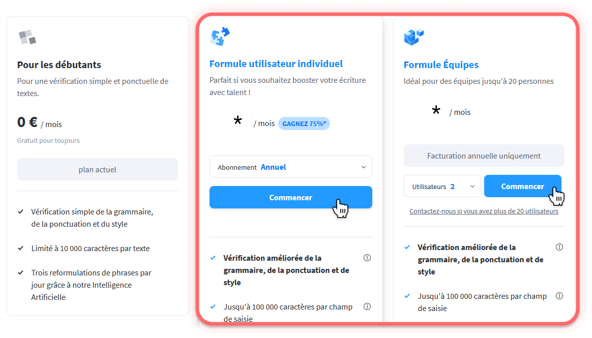 Capture d’écran des tarifs de la version LanguageTool Premium.