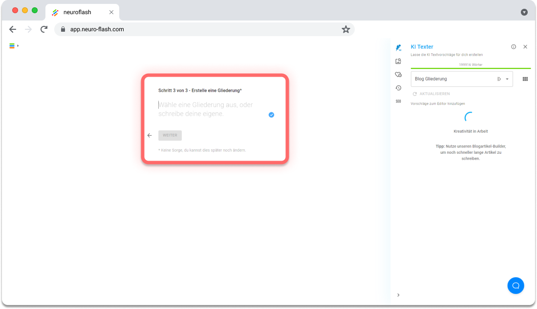 Screenshot 4: Definieren Sie Schlüsselbegriffe, Überschrift und/oder eine Struktur für die Texterstellung von neuroflash.