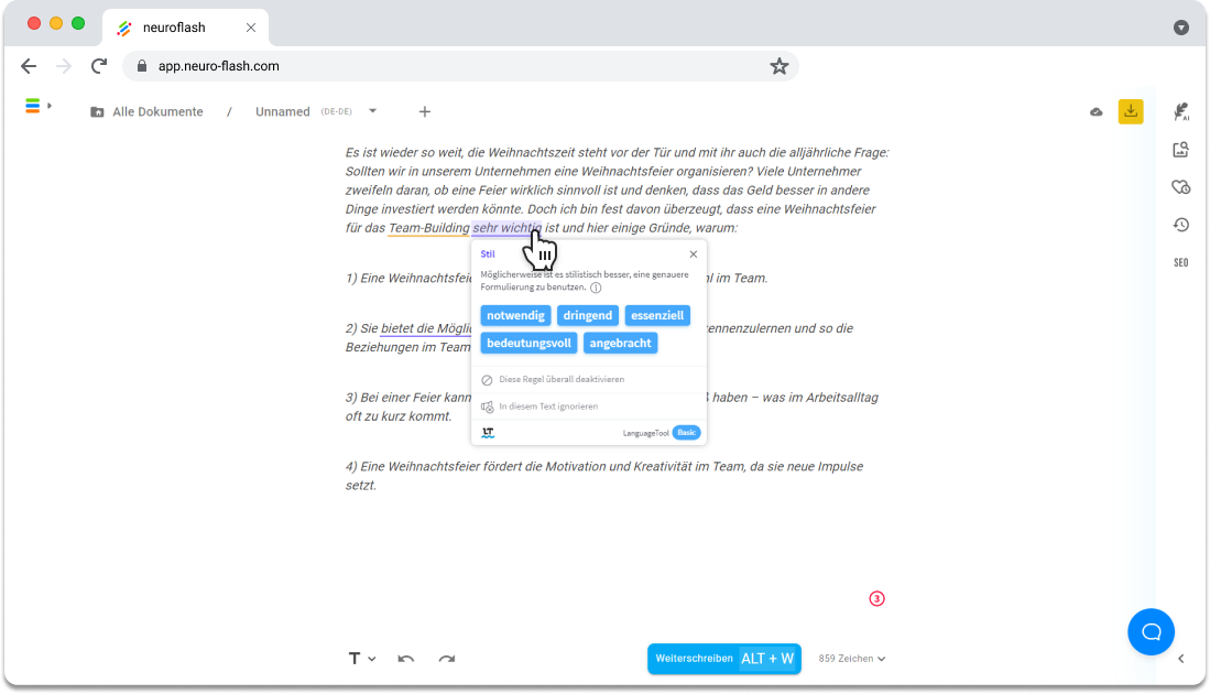 Screenshot 5: Die Korrektur durch LanguageTool komplettiert den KI-erstellten Text von neuroflash.