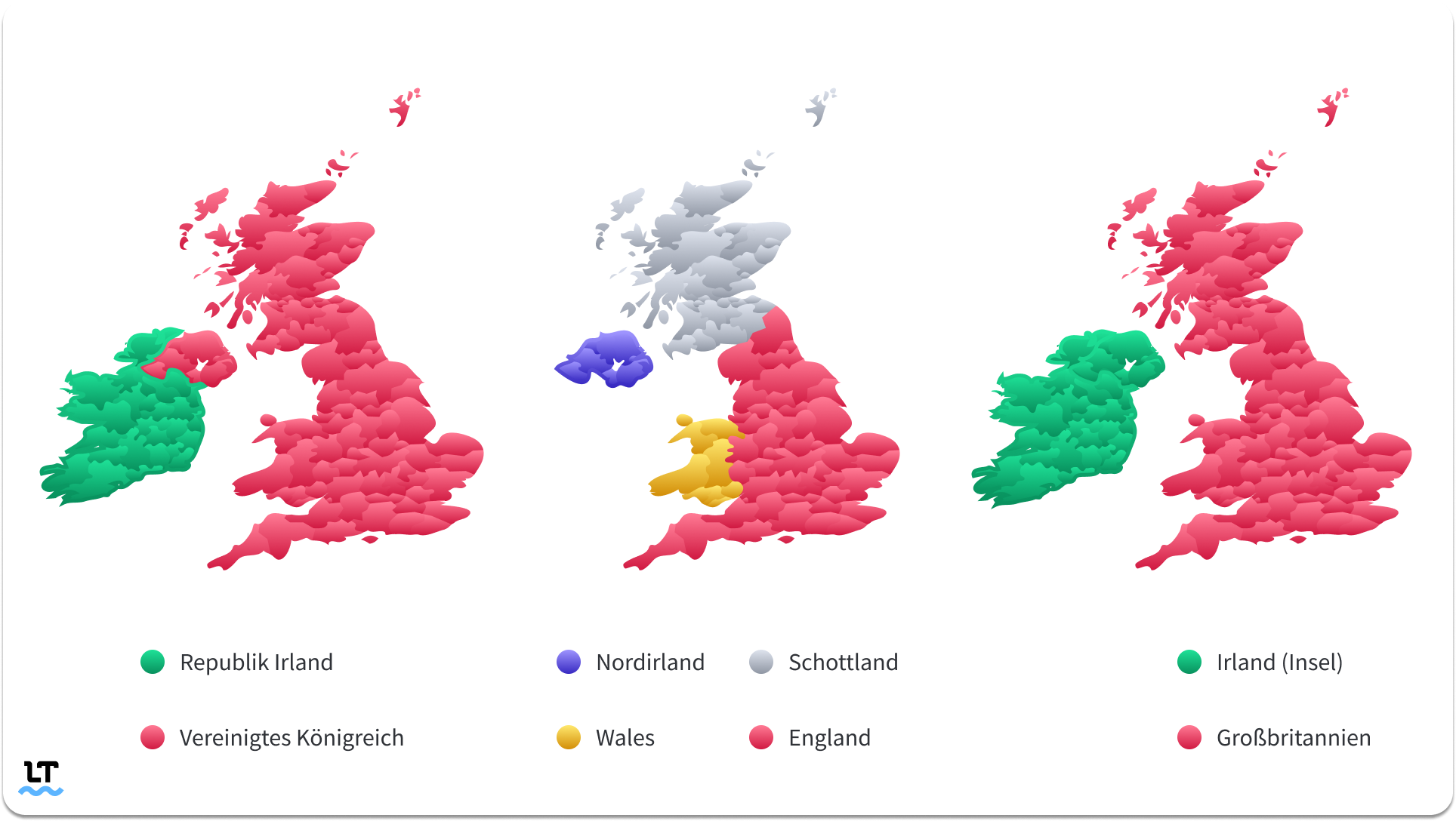 Drei Landkarten zu den britischen Inseln für den Unterschied zwischen „England“, „Vereinigtes Königreich“ und „Großbritannien“.